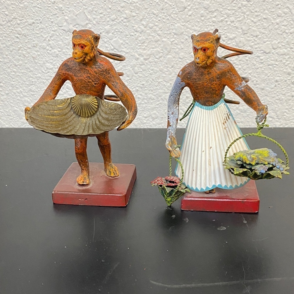 Pair of Petites Choses Figural Cast Metal Monkey Bud Vases